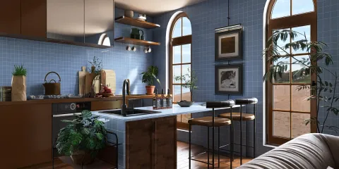 modern kitchen design featuring realistic 3D rendering of furniture arrangement, showcasing a stylish contemporary aesthetic and enhancing space utilization with Homestyler's smart furniture layout feature.