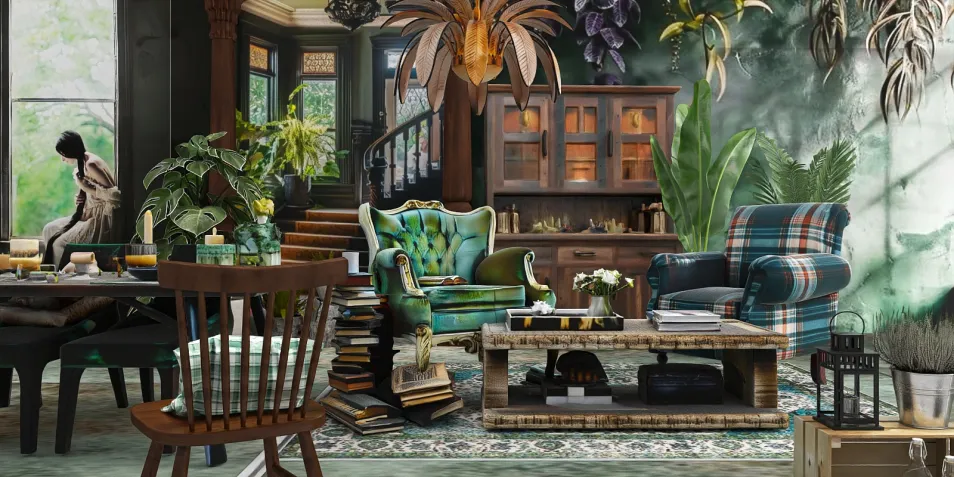 a cozy living room featuring vintage green armchairs and a wooden coffee table, showcasing a lush indoor plant theme, designed using Homestyler's real-time 3D rendering for an immersive interior design experience