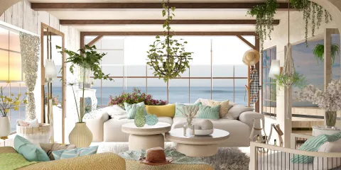cozy living room design with natural light featuring green plants and soft textiles, showcasing interior decor optimization with Homestyler's real-time 3D rendering feature