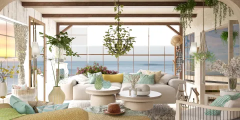 spacious living room featuring modern furniture arrangement with a coastal aesthetic, showcasing interior decor with an emphasis on natural lighting, utilizing Homestyler's real-time 3D rendering for design visualization.