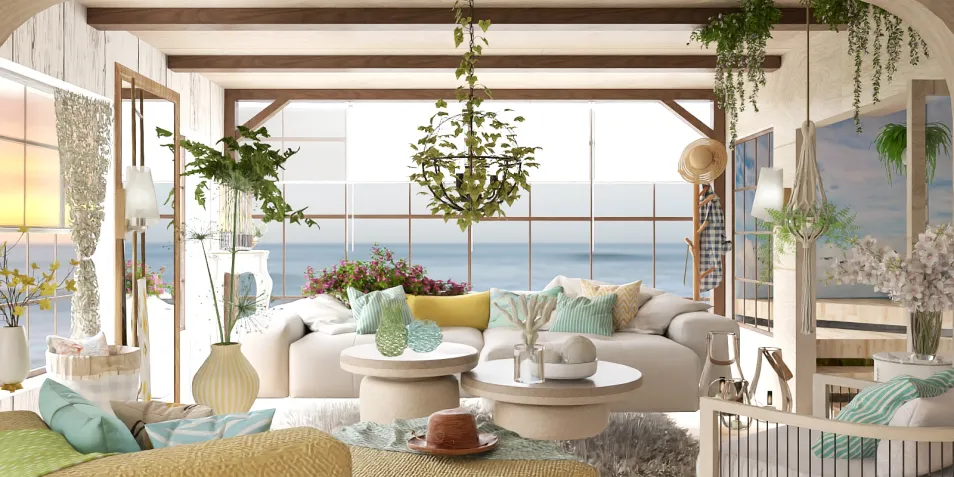 spacious living room featuring modern furniture arrangement with a coastal aesthetic, showcasing interior decor with an emphasis on natural lighting, utilizing Homestyler's real-time 3D rendering for design visualization.