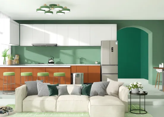Green kitchen living room open floor plan Design Rendering