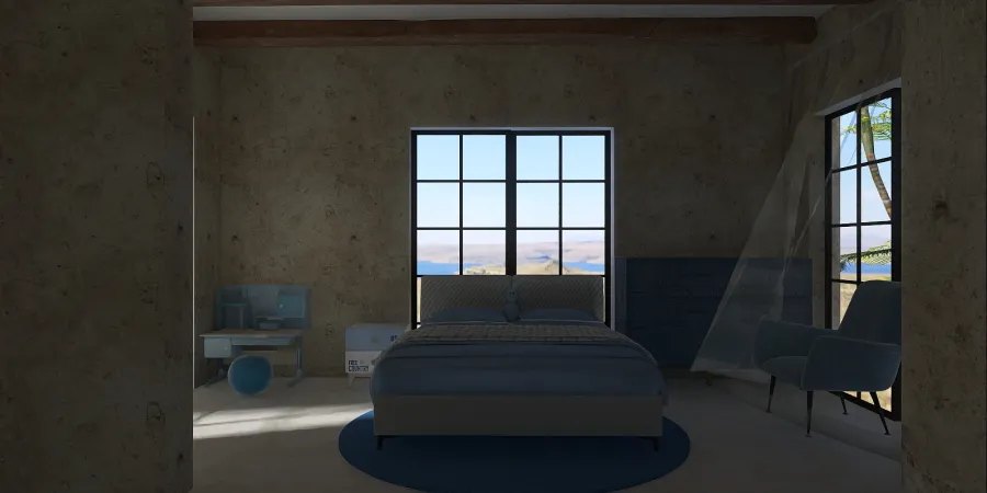 a room with a bed, chair, and a window 