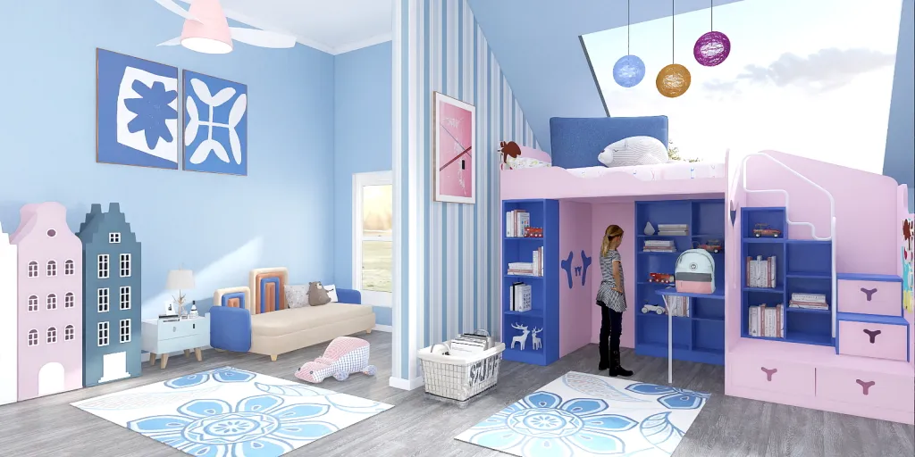 a child's bedroom with a pink wall and a blue floor 