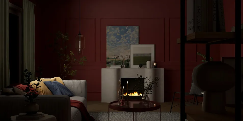 cozy living room showcasing a warm ambiance by the fireplace, featuring modern decor, designed using Homestyler's real-time 3D rendering for a realistic interior design preview.