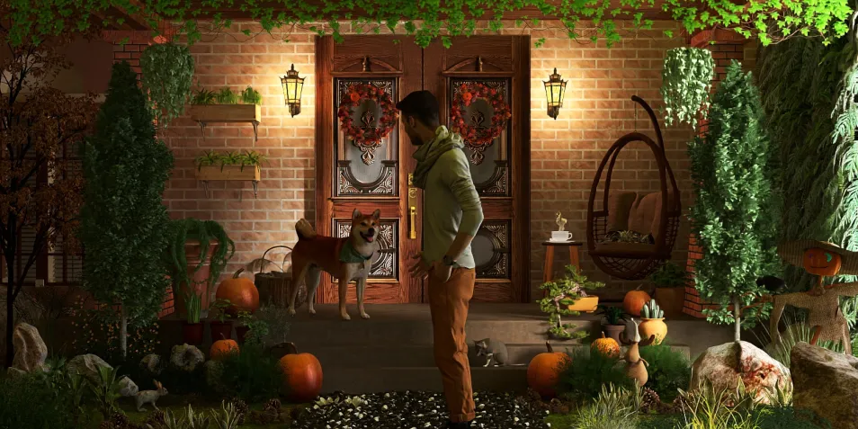 A person standing at the entrance of a cozy brick house adorned with fall decorations, featuring a dog, plants, and pumpkins. This outdoor design showcases autumn aesthetics and enhances curb appeal, using Homestyler's capabilities for real-time 3D rendering.