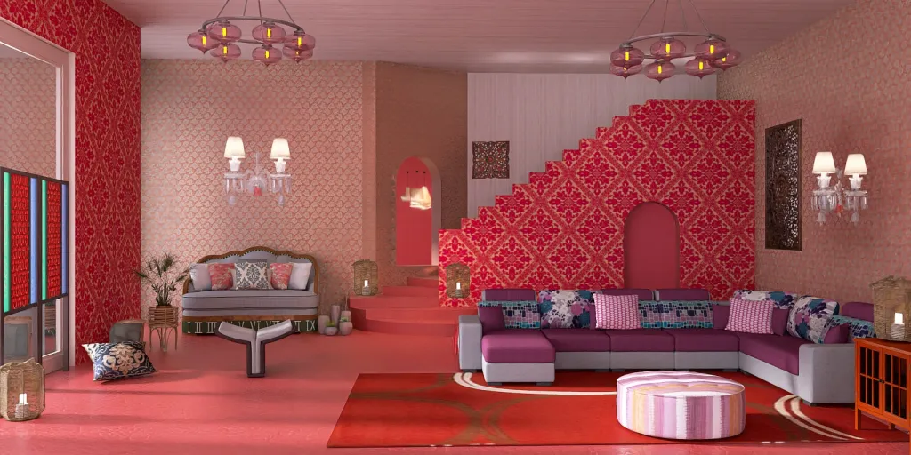 a living room with a red couch and a red rug 