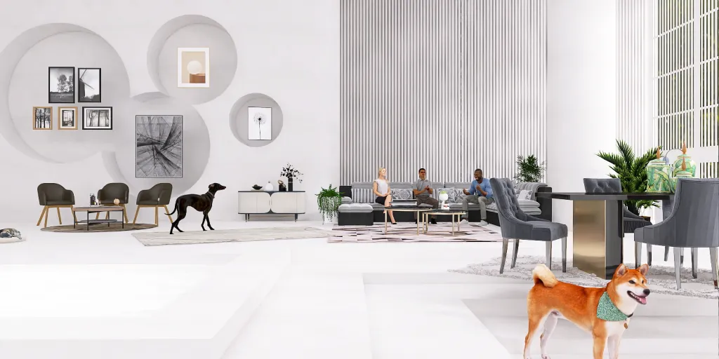 a dog is standing in a living room with a chair 