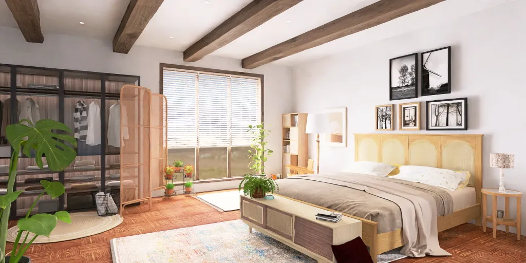 a bedroom with a bed, a desk, and a window 