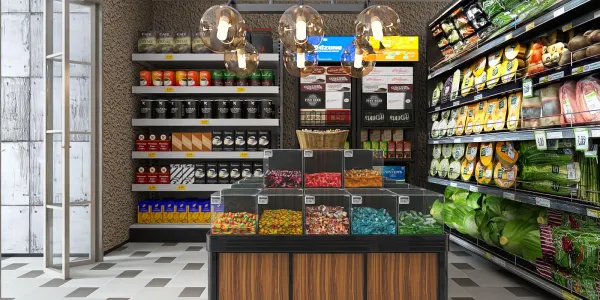 grocery store interior with well-organized shelves showcasing products and a colorful display of snacks, designed with modern lighting and a stylish ambiance, featuring Homestyler's real-time 3D rendering for instant design preview.