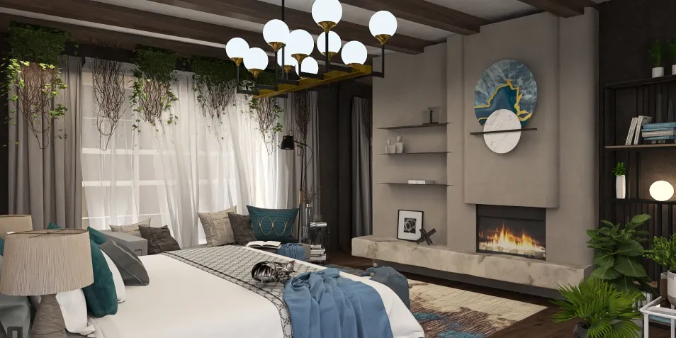 a cozy bedroom featuring a large bed and a modern chandelier, designed in a contemporary style, showcasing a warm and inviting atmosphere with a focus on interior decor and real-time 3D rendering by Homestyler.