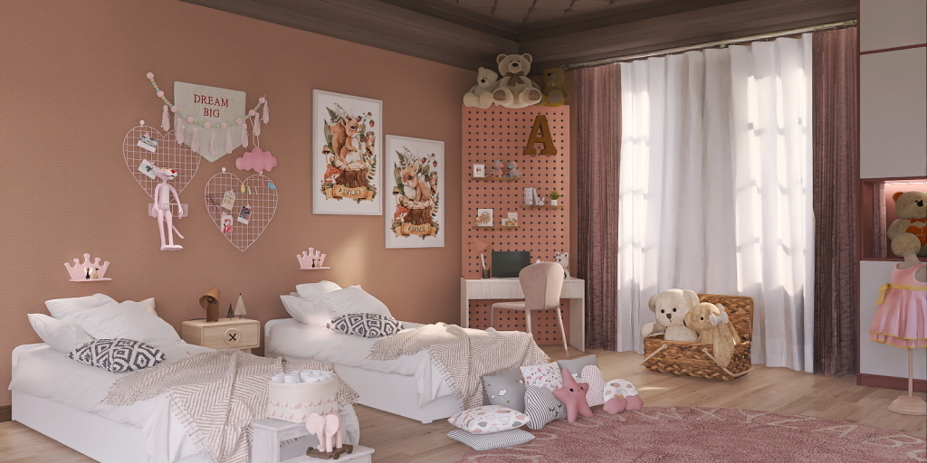 a bedroom with a bed, a desk, and a painting 