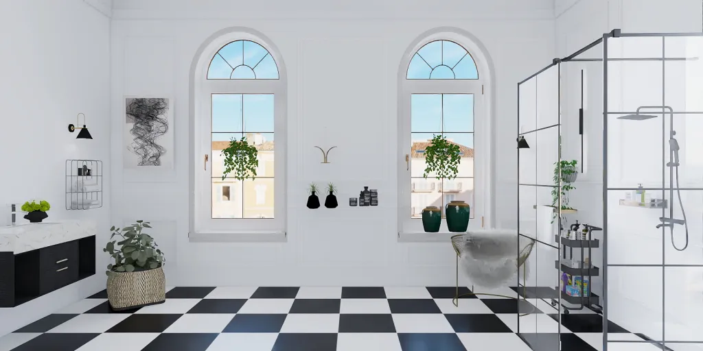 a white and blue room with a white floor and a white wall 