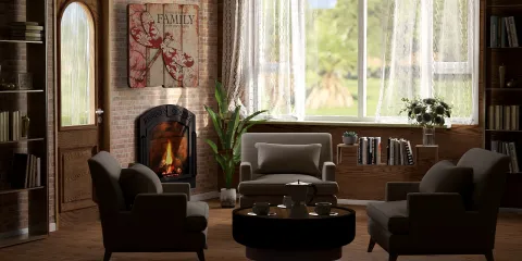 cozy living room with a fireplace featuring a warm design style showcasing homestyler's real-time 3D rendering for an inviting interior decor experience