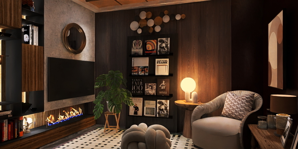 a living room with a fireplace and a television 