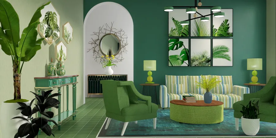 a living room with a green couch and a green table 