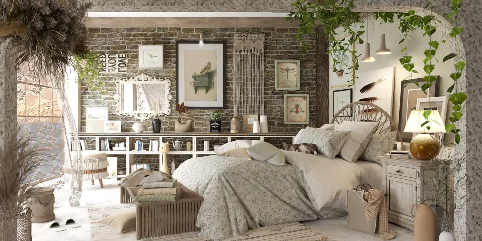 cozy bedroom featuring a bed with patterned bedding and a rustic wooden headboard, designed in a bohemian style, showcasing indoor plants and natural materials, highlighting Homestyler's real-time 3D rendering feature for quick design previews.