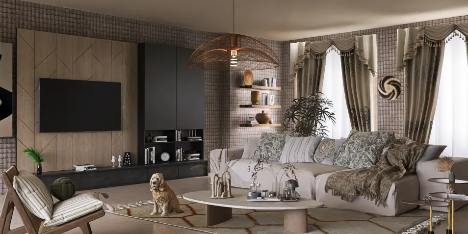 spacious living room design featuring a cozy sofa with decorative pillows, showcasing a modern style with warm tones and textiles, optimized for comfort and aesthetics; includes AR virtual furniture placement functionality from Homestyler.