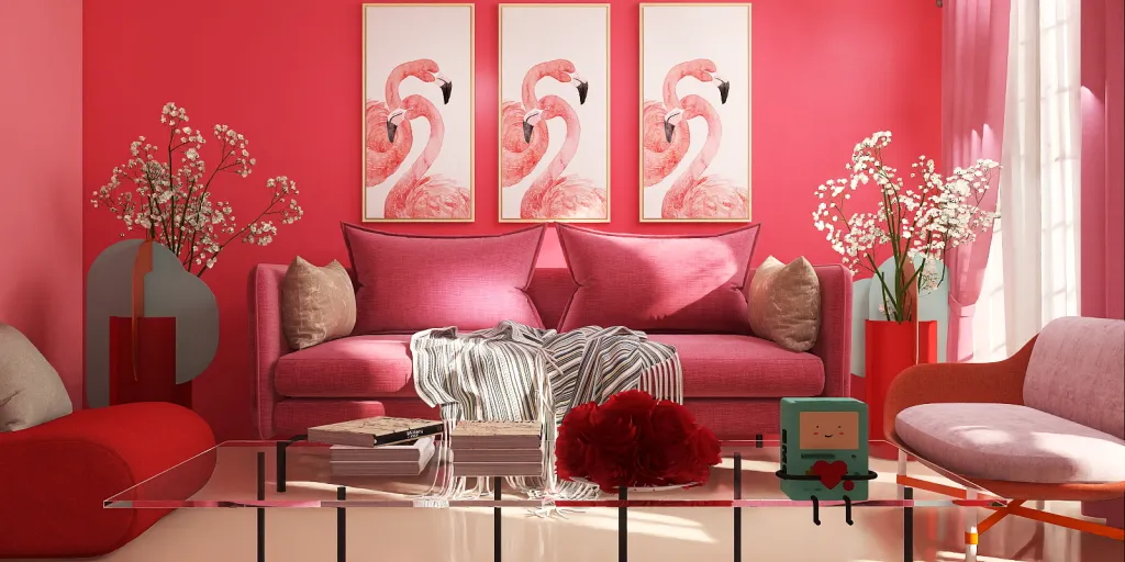 a living room with a red couch and a red wall 
