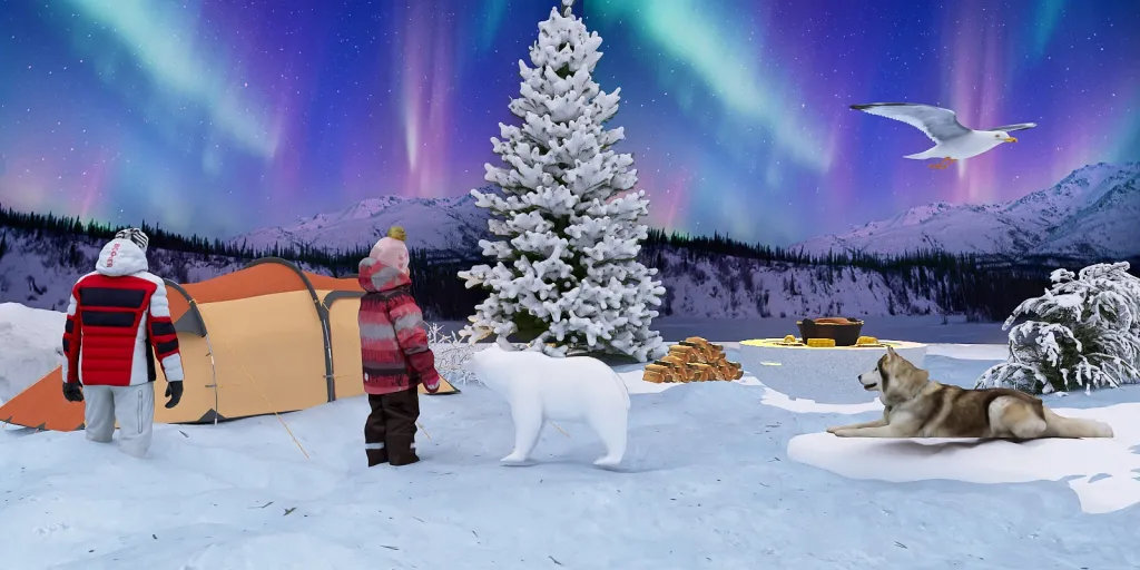 a man and a dog are standing in the snow 