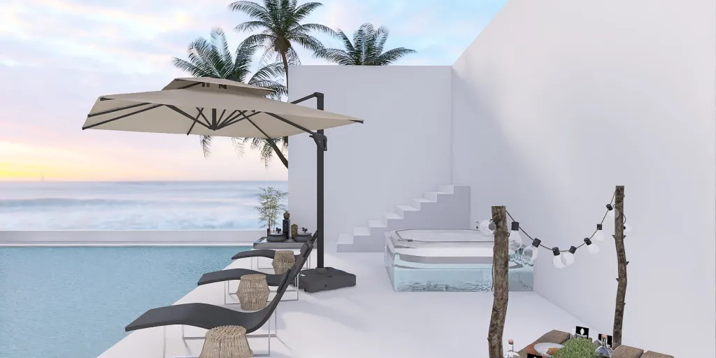 a beach with a balcony and a balcony umbrella 