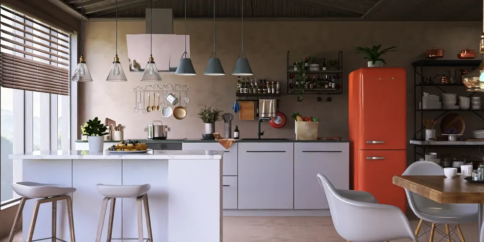 modern kitchen design showcasing smart furniture arrangement in a contemporary style, highlighting the Homestyler's real-time 3D rendering capabilities.