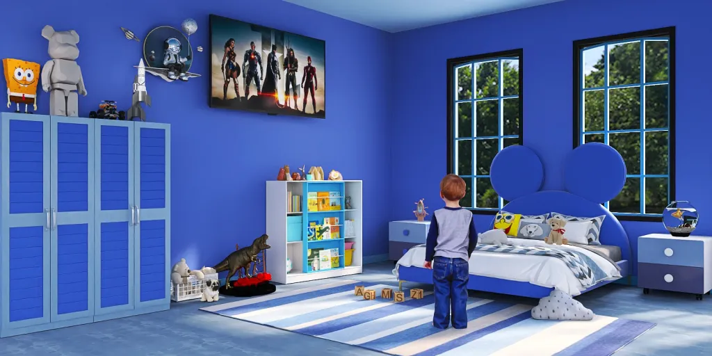 a living room with a blue couch and a blue wall 