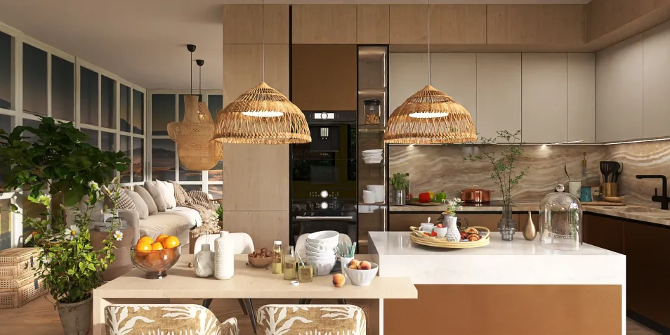 A modern kitchen with rattan pendant lights and a spacious island, featuring a harmonious blend of natural materials and warm colors, optimized for small space functionality with smart furniture arrangement using Homestyler.