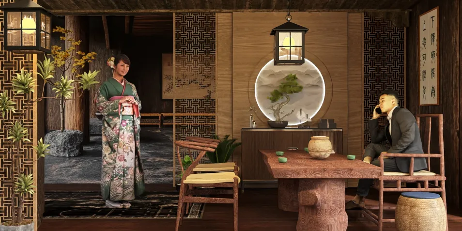 Japanese interior scene featuring a traditional tea setting with a woman in a kimono serving tea, showcasing rustic wooden textures and intricate patterns, emphasizing cultural elegance in the space, utilizing Homestyler's real-time 3D rendering for design visualization.