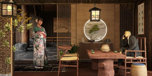 Japanese interior scene featuring a traditional tea setting with a woman in a kimono serving tea, showcasing rustic wooden textures and intricate patterns, emphasizing cultural elegance in the space, utilizing Homestyler's real-time 3D rendering for design visualization.