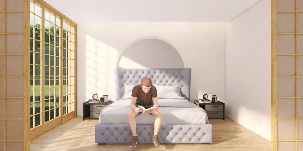 a woman sitting on a bed in a room 