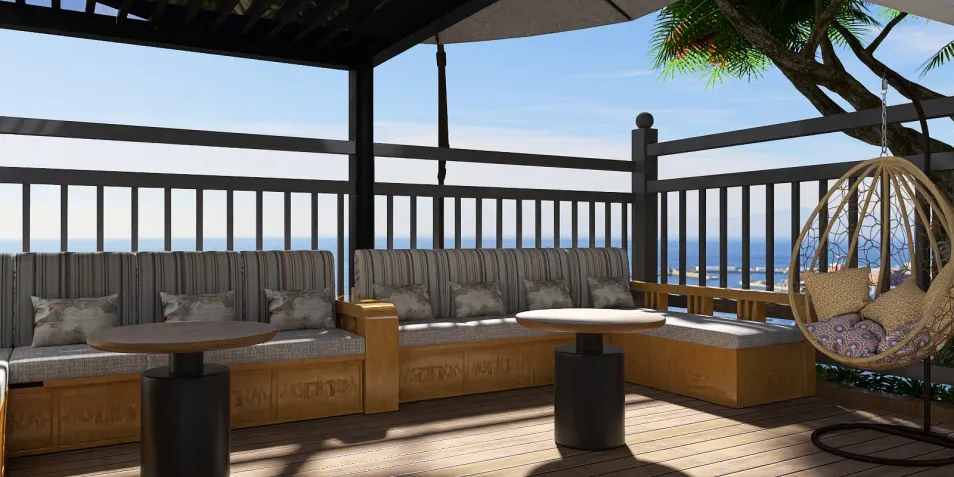 outdoor seating area with cozy lounge furniture arranged for relaxation in a modern coastal style, featuring Homestyler's smart furniture arrangement for optimized small space design.