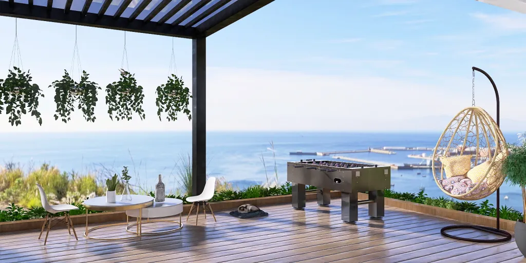 a patio table with chairs and a table with a view of the ocean 