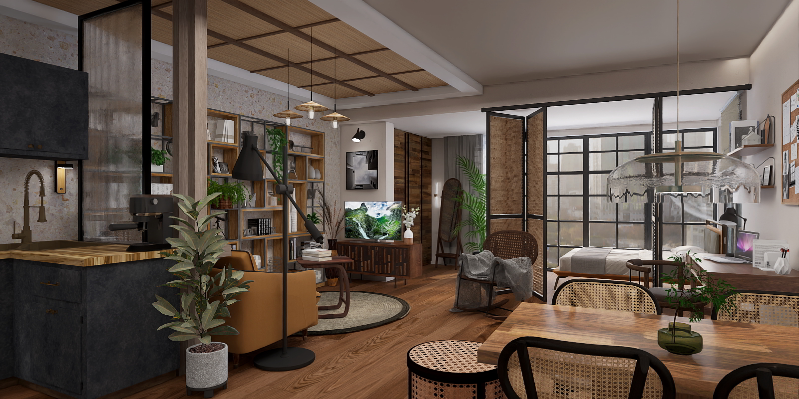 Dark wood studio apartment