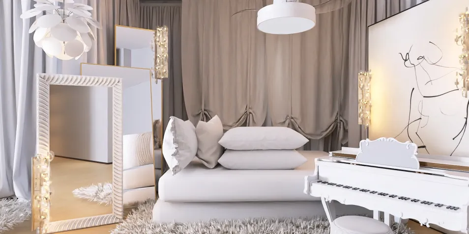 A white and gray bedroom featuring a luxurious bed setup with fluffy pillows, elegant lighting fixtures, and a decorative mirror, demonstrating modern interior design techniques. This scene showcases Homestyler's real-time 3D rendering feature for effective design proposal presentations.