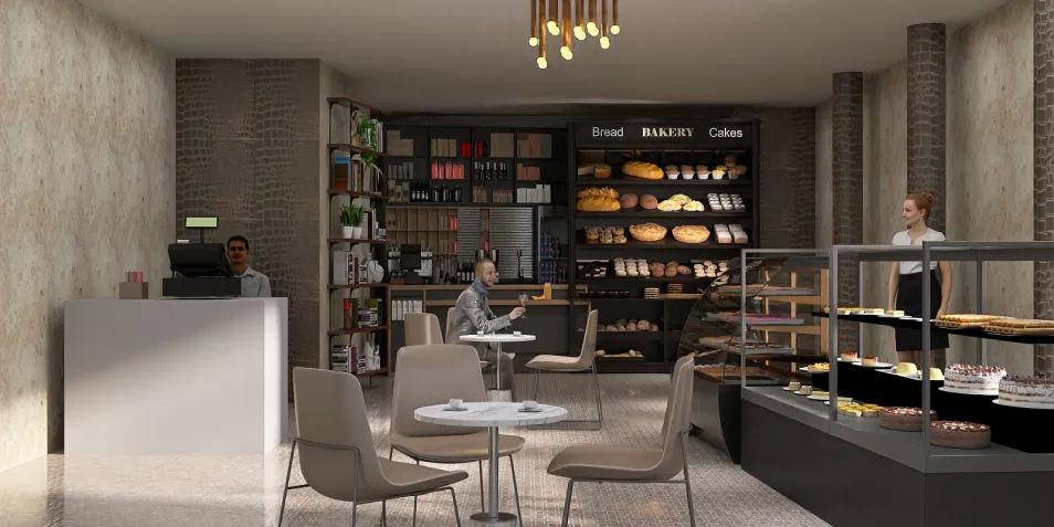 cozy café interior featuring a modern layout and stylish furnishings, serving freshly baked goods with the help of Homestyler's real-time 3D rendering feature for design proposals.