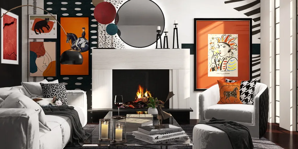a living room with a fireplace, couch, and a painting 