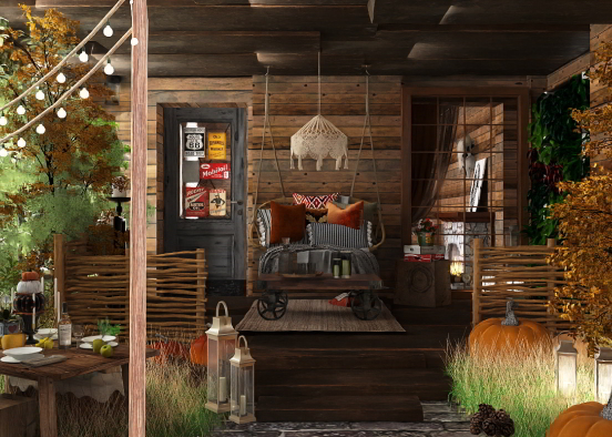 a little cabin in the fall harvest season.  Design Rendering