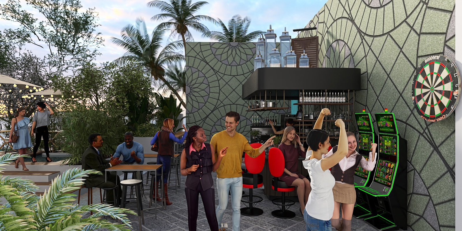 Stylish mediterranean bar with cozy Outdoor area