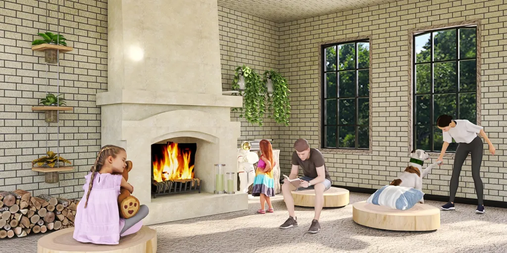 a woman and a man standing in front of a fire place 