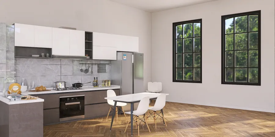 a kitchen with a table and chairs and a refrigerator 
