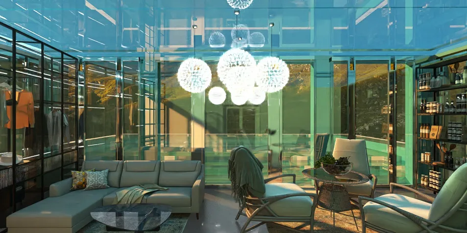 modern living room with transparent walls showcasing a cozy seating arrangement and stylish decor, designed using Homestyler's real-time 3D rendering for an immersive interior experience.