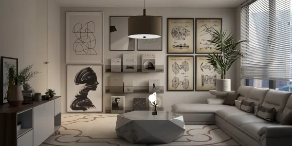 A modern living room featuring a stylish sofa, large art pieces on the walls, and a geometric coffee table, showcasing a contemporary design style that enhances the space's aesthetic value; utilizing Homestyler's real-time 3D rendering for design proposal visualization.