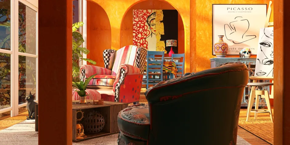 colorful seating area featuring eclectic furniture arranged in a vibrant bohemian style enhancing the warmth of a sunlit living space using Homestyler's real-time 3D rendering for visualizing design ideas.