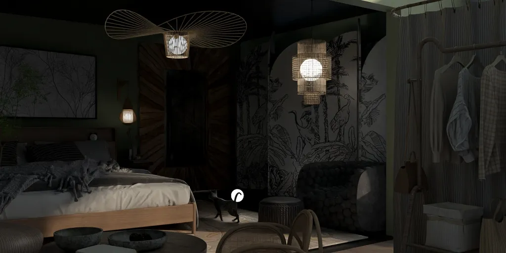 a bedroom with a bed, lamp, and a mirror 