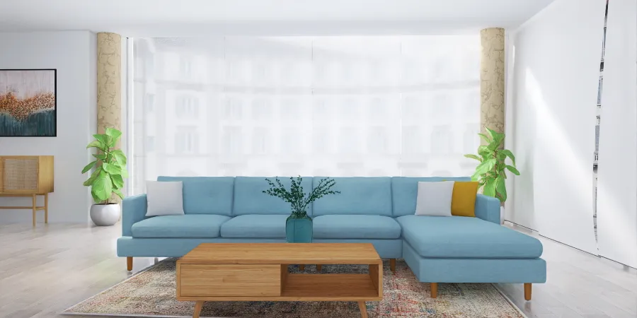 a living room with a couch, table, and a plant 