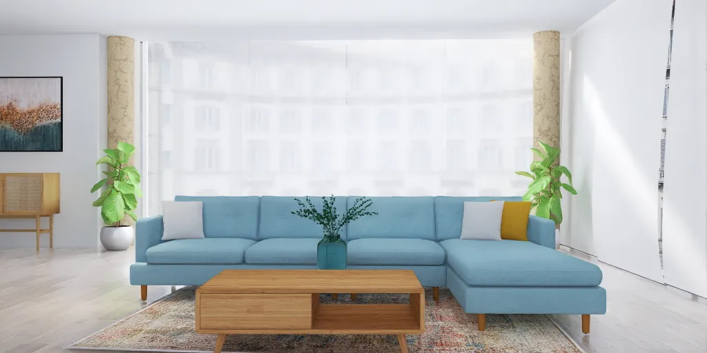 a living room with a couch, table, and a plant 