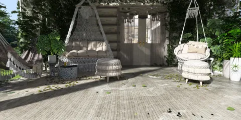 hanging chairs in a cozy outdoor setting with plants and natural light, creating a welcoming atmosphere for relaxation, utilizing Homestyler's real-time 3D rendering to visualize the design.