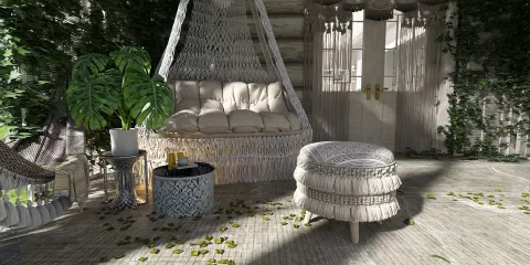 hammock chair with cushions arranged in a cozy way, showcasing bohemian style, enhancing relaxation space with smart furniture arrangement from Homestyler.