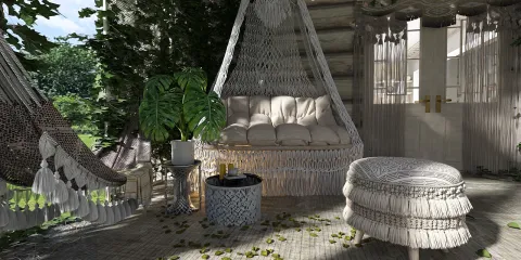 outdoor seating area featuring a hanging chair and ottoman designed for relaxation in a bohemian style, showcasing a cozy atmosphere with plants and natural lighting, utilizing Homestyler's real-time 3D rendering for effective design preview.